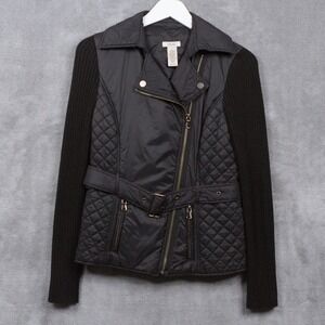 CACHE Quilted Moto Zip Jacket Knit Sleeves Belted Nylon Lightweight Y2K VTG Sz S